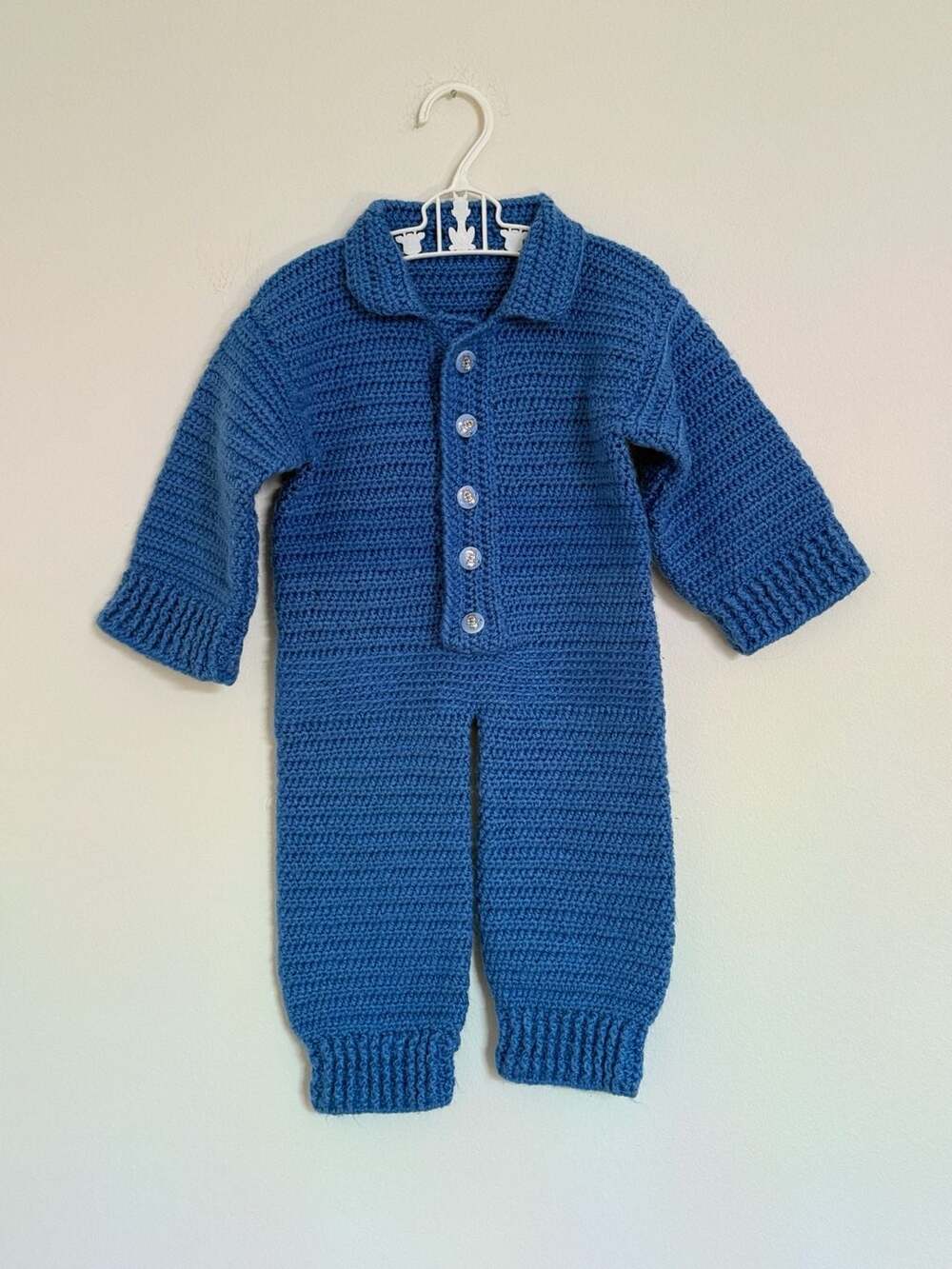Handmade Blue Crochet Baby Romper Jumpsuit 6-12 Months Cat Buttons
